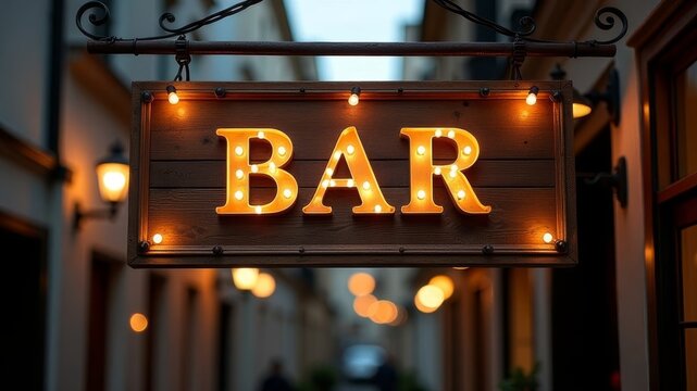illuminated inscription bar on a wooden sign in front of the entrance to the premises.