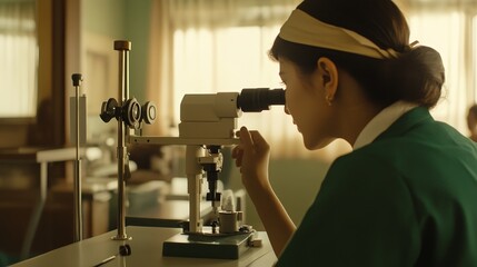 Poster - A woman examining a sample under a microscope in a laboratory setting.