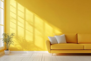 Poster - A yellow couch is in a room with a yellow wall. There is a plant in the room