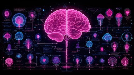 Poster - A Neon Brain Diagram Showing Neural Connections