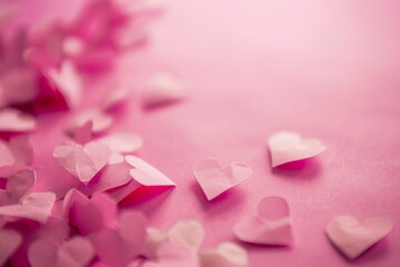 Sticker - Soft Pink Background with Scattered Paper Hearts in Gentle Light