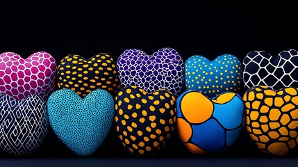 Poster - Dynamic Arrangement of Colorful Pop Art Hearts Showcasing Vibrant Patterns and Designs Against a Dark Background