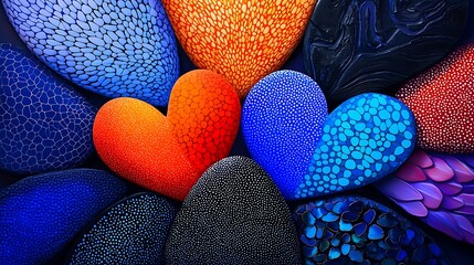 Poster - A Vibrant and Dynamic Arrangement of Colorful Hearts in Various Textures and Patterns for a Modern Pop Art Display
