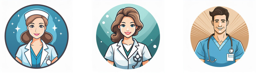 Three illustrated medical professionals: a nurse and two doctors, each in a circular frame.  Clean, simple style.