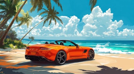 Wall Mural - Coastal car rental service featuring convertible cars parked near a beachside, ocean waves and palm trees in the distance