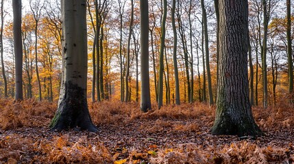 Aufkleber - Autumn Forest Landscape with Golden Leaves and Majestic Tree Trunks in Tranquil Woodland Setting : Generative AI