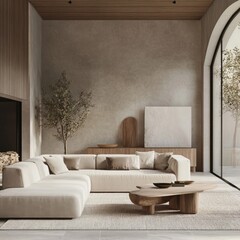 Poster - A living room with a white couch and a coffee table. There is a vase on the table and a bowl on the floor. A potted plant is in the corner of the room