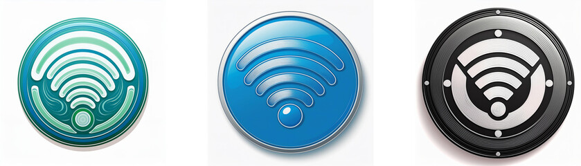Fototapete - Three circular icons display variations of a wifi signal, showcasing different design styles and color palettes.  The icons represent wireless connectivity.