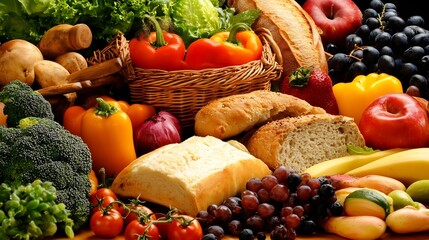 Poster - Assorted Fresh Vegetables Fruits and Bread Arrangement in a Vibrant Display for Healthy Eating Inspiration : Generative AI