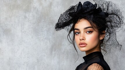 Poster - Sophisticated Woman in Black Lace Fascinator Against Concrete Wall : Generative AI