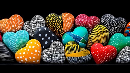 Poster - Playful Composition of Colorful Illustrated Hearts on a Black Background Showcasing Vibrant Patterns and Unique Designs for Creative Projects