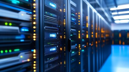 Fototapete - High Tech Server Room with Glowing Digital Data Center Infrastructure : Generative AI