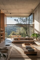 Poster - A spacious, modern living room featuring minimalist design, large windows, and a stunning view of the forest outside.