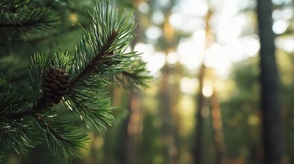 Poster - Sunlit Pine Cone on Evergreen Branch in a Refreshing Forest Atmosphere : Generative AI