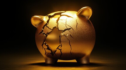 Cracked Golden Piggy Bank on a Dark Background