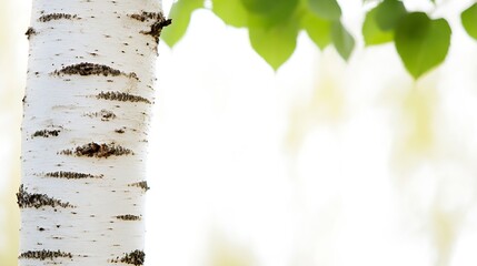 Aufkleber - Close-Up of Birch Tree Trunk with Green Leaves in Soft Focus Background : Generative AI
