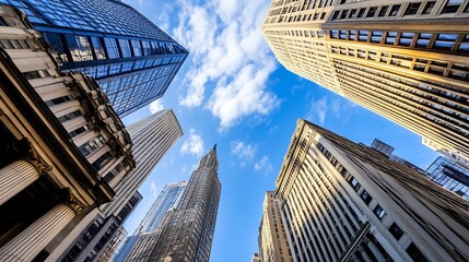 Aufkleber - Majestic skyscrapers reaching for the sky in a bustling city downtown skyline on a bright sunny day : Generative AI