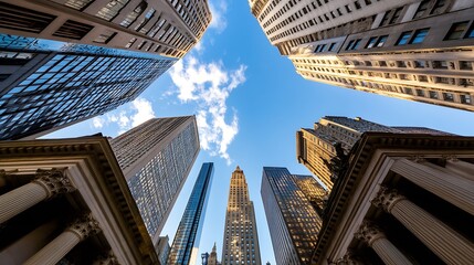 Poster - Majestic upward perspective of iconic city buildings against dramatic blue sky in vibrant urban environment : Generative AI