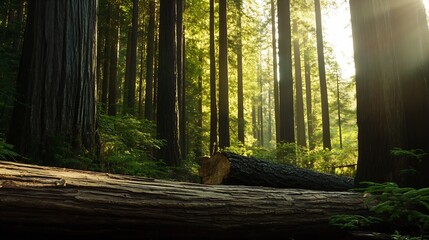 Poster - Sunlight Filtering Through Majestic Redwood Forest Trees Creating a Magical Atmosphere : Generative AI