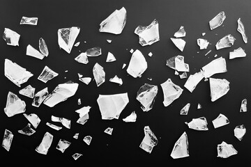 Poster - Abstract composition of shattered glass pieces scattered on a dark surface, showcasing transparency and texture.