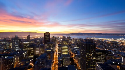 Aufkleber - Panoramic Evening View of San Francisco Skyline Overlooking Bay Bridge at Dusk : Generative AI