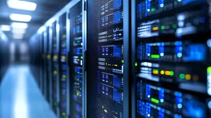Aufkleber - Data Center Server Racks with Blue LED Lights in High Tech Facility : Generative AI