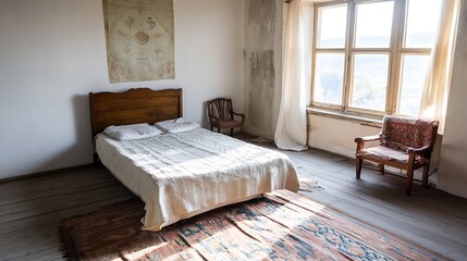 Poster - Rustic minimalist bedroom with vintage charm and natural light through large windows : Generative AI