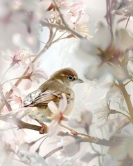 Wall Mural - Bird perched among blooming branches in a serene, softly lit setting