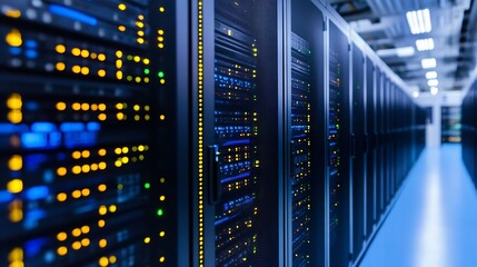 Leinwandbilder - Expansive Data Center Aisle with Rows of Servers and LED Blue Lights Highlighting Technology : Generative AI