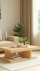 Poster - Cozy living room featuring a wooden coffee table, indoor plants, and natural light through large windows.