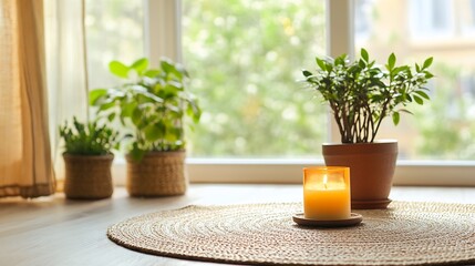 Poster - Cozy home decor scene with candle and houseplants on a sunlit woven rug in front of bright windows : Generative AI