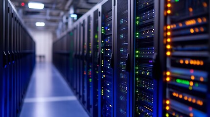 Aufkleber - Data Center Aisle with Rows of Servers and LED Indicators in Blue Ambient Light : Generative AI