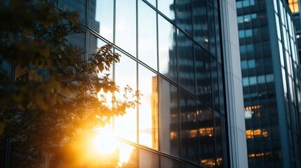 Fototapete - Sunset Reflecting on Glass Windows Urban Cityscape Serenity : Generative AI