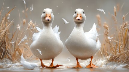 Wall Mural - two white ducks standing in the water with grass