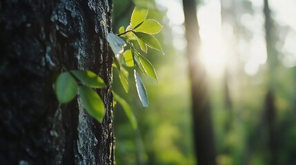 Poster - Vibrant Sunlit Leaves Growing on a Tree Trunk in a Verdant Forest Setting : Generative AI