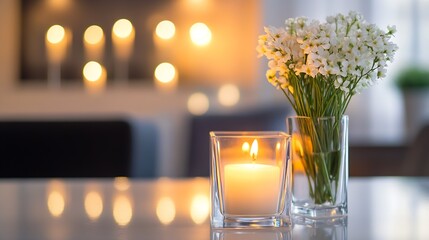 Poster - Elegant Glass Candle and White Flowers on Reflective Surface with Warm Light : Generative AI