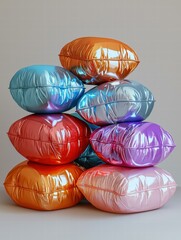 Wall Mural - A stack of colorful metallic pillows. AI.