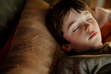 Sticker - Boy relaxing with closed eyes on cushion in warm indoor light.