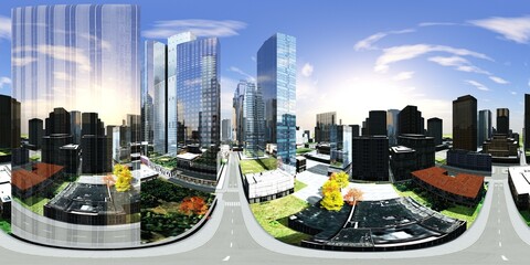 Wall Mural - Panorama of the city. Environment map. HDRI map. equidistant projection. Spherical panorama.
3D rendering