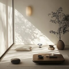 Poster - A serene minimalist interior featuring natural light, elegant decor, and a calming atmosphere, perfect for relaxation and meditation.