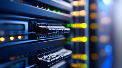 Aufkleber - Close-Up of Data Center Server Racks with Illuminated LED Indicators Blurred Background : Generative AI