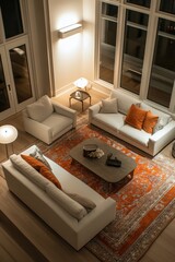 Poster - A living room with a white couch and two orange pillows. A coffee table is in the middle of the room