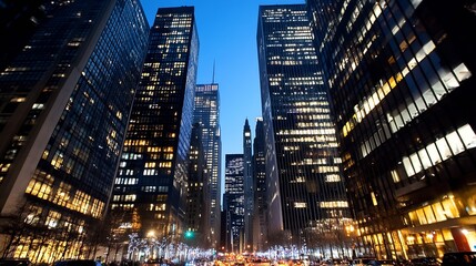 Aufkleber - Vibrant Evening Cityscape of a Bustling Downtown with Skyscrapers Illumined Against Night Sky : Generative AI
