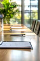 Poster - A table with three stacks of papers and three pens. The pens are blue and the papers are white. The table is in a room with a window and a potted plant