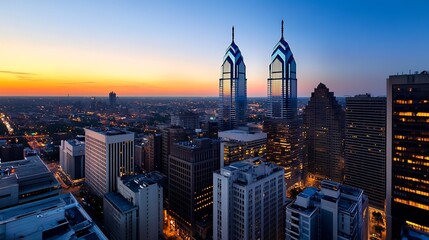 Poster - Majestic View of Philadelphia Skyline Amidst a Serene Sunrise Over Delaware River : Generative AI
