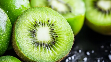 Aufkleber - Closeup of Fresh Green Kiwi Fruit with Juicy Flesh and Seeds Highlighting Natural Texture and Vibrant Color : Generative AI