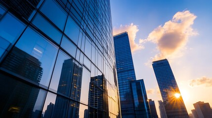 Fototapete - Golden Hour Cityscape with Sunlight Reflecting on Glass Skyscrapers : Generative AI