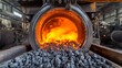 © NAIMAH - Glowing hot coals and flames inside industrial rotary kiln.