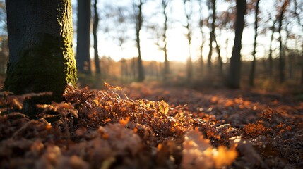 Poster - Warm Autumnal Morning in the Forest with Sunlight Illuminating Fallen Leaves and Trees : Generative AI
