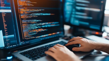 Poster - Software Developer Coding on Laptop Amidst Multi-Monitor Workspace : Generative AI